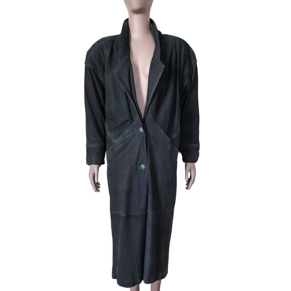 Vintage 80s‎ Winlit Black Suede Leather Long Coat Evening Overcoat Size Small - Picture 1 of 4